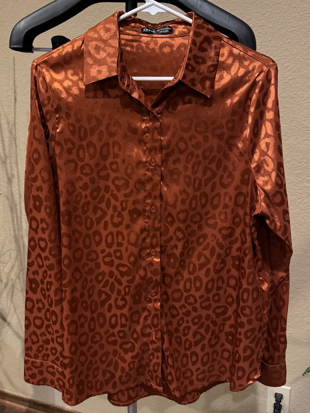 SHEIN Satin Leopard-Print Button-Down Shirt - Copper